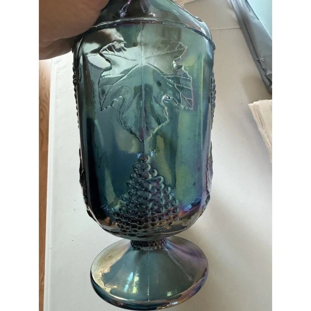 Vintage Indiana Glass Blue Carnival Harvest‎ Grape Water Pitcher Iridescent MCM